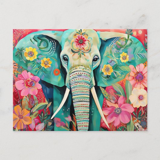 Illustration bunter Elefant mit Blumen Briefkaart (Voorkant)