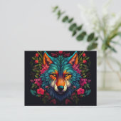 Illustration eines mystischen Wolfes mit Blumen Briefkaart (Staand voorkant)