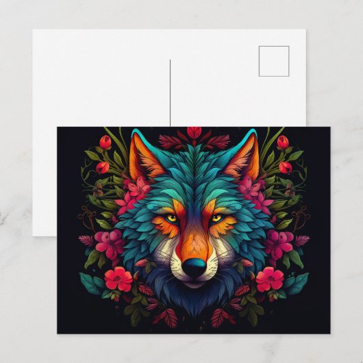 Illustration eines mystischen Wolfes mit Blumen Briefkaart (Voorkant / Achterkant)