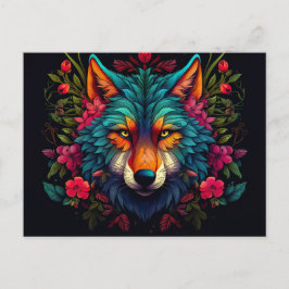 Illustration eines mystischen Wolfes mit Blumen Briefkaart