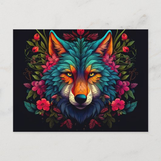 Illustration eines mystischen Wolfes mit Blumen Briefkaart (Voorkant)