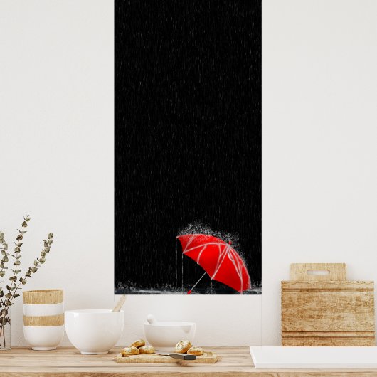 Illustration Lost Red Umbrella in Rain Poster (Keuken)