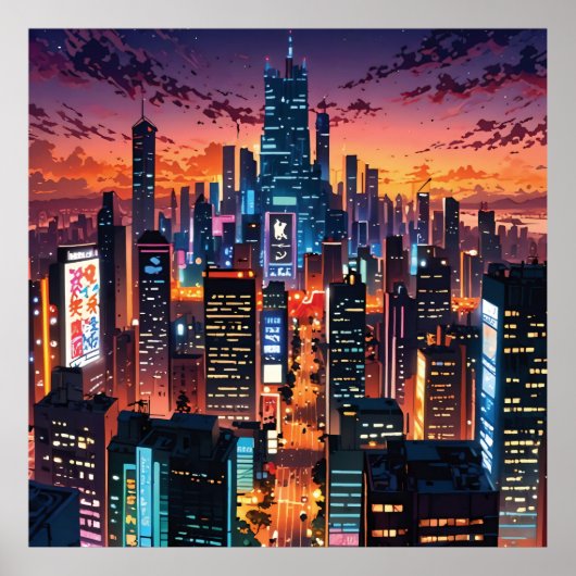 Illustration of a big city at night poster (Voorkant)