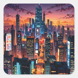 Illustration of a big city at night vierkante sticker