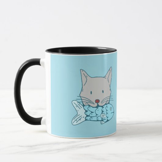 Illustration of a cat eating fish. mok (Links)