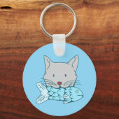 Illustration of a cat eating fish. sleutelhanger (Voorkant)