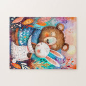 Illustration of bear hugging rabbit in forest. legpuzzel (Horizontaal)