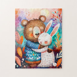 Illustration of bear hugging rabbit in forest. legpuzzel