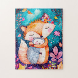 Illustration of fox hugging hedgehog in forest. legpuzzel