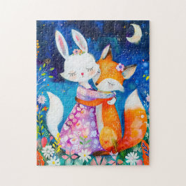 Illustration of fox hugging rabbit in the night legpuzzel