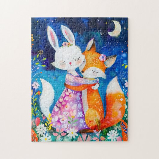 Illustration of fox hugging rabbit in the night legpuzzel (Verticaal)