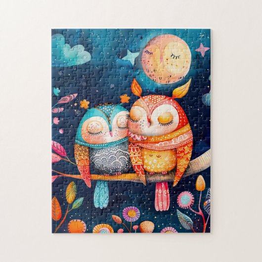 Illustration of owls hugging in forest at night legpuzzel (Verticaal)