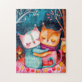 Illustration of two cats hugging in a cozy setting legpuzzel