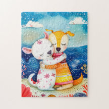 Illustration of two dogs playing at the beach