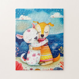Illustration of two dogs playing at the beach legpuzzel