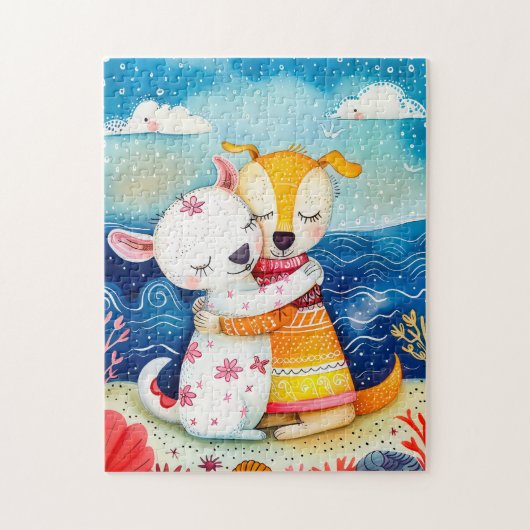 Illustration of two dogs playing at the beach legpuzzel (Verticaal)