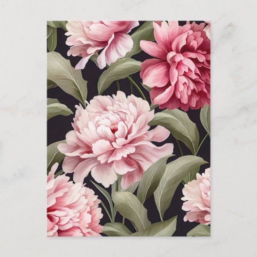 Illustration pink peony flowers with green leaves briefkaart (Voorkant)