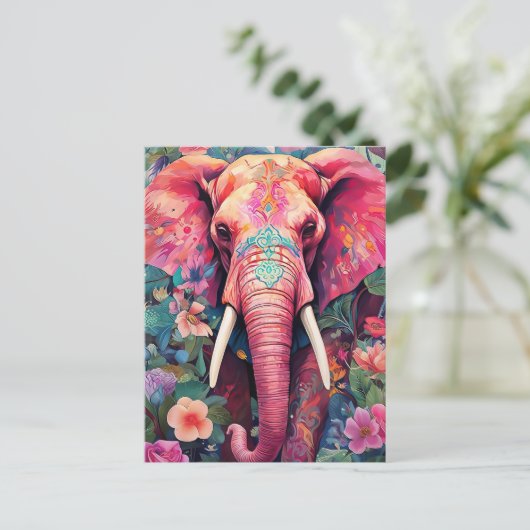Illustration pinker Elefant mit Blumen Briefkaart (Staand voorkant)