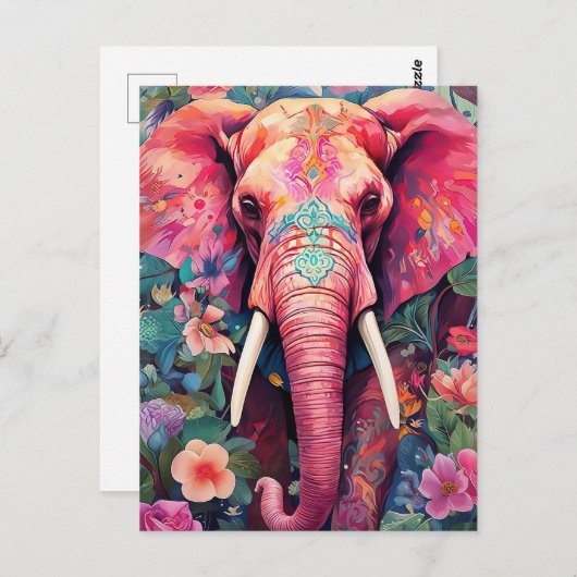 Illustration pinker Elefant mit Blumen Briefkaart (Voorkant / Achterkant)