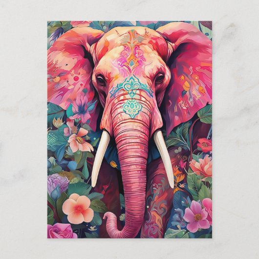 Illustration pinker Elefant mit Blumen Briefkaart (Voorkant)