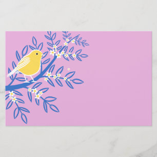Illustreerde gele vogel op een roze achtergrond briefpapier