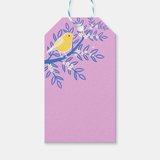 Illustreerde gele vogel op een roze achtergrond cadeaulabel (Voorkant)