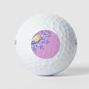 Illustreerde gele vogel op een roze achtergrond golfballen