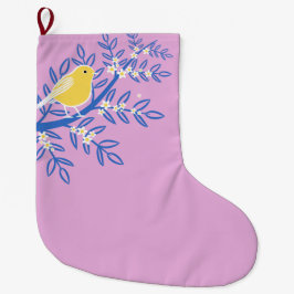 Illustreerde gele vogel op een roze achtergrond grote kerstsok