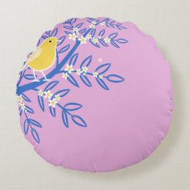 Illustreerde gele vogel op een roze achtergrond rond kussen