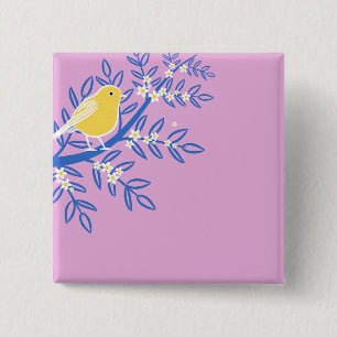 Illustreerde gele vogel op een roze achtergrond vierkante button 5,1 cm