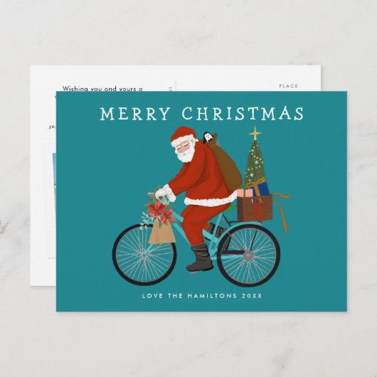Illustreerde Kerstman die een aangepaste fietskleu Feestdagenkaart (Voorkant / Achterkant)