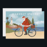 Illustreerde kerstman die een feestdag voor fietsz feestdagenkaart<br><div class="desc">Originele afbeelding van de Kerstman op een fiets met vuurtoren en oceaan op de achtergrond; foto-optie en bericht op de achterkant. De kleur en de tekst van de backer zijn editable; voeg een volledige aftapfoto toe en schrap tekst indien gewenst. ©Becky Nimoy 2021</div>