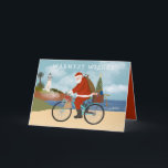 Illustreerde kerstman die een feestdag voor fietsz kaart<br><div class="desc">Originele illustratie van de Kerstman op een fiets met vuurtoren en oceaan op de achtergrond; foto-optie en bericht binnenin. De binnenkleur en de tekst zijn editable; schrap binnenshuis indien gewenst. ©Becky Nimoy 2021</div>