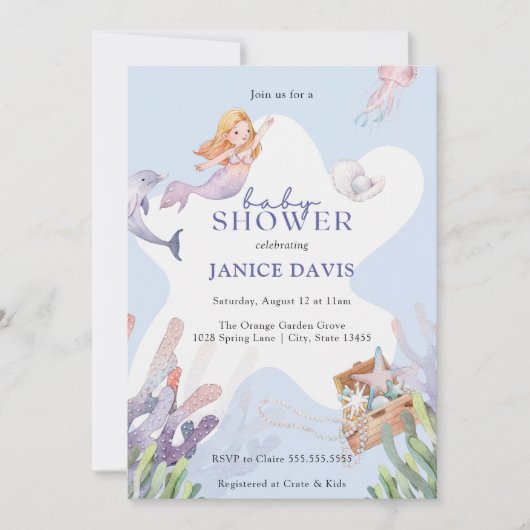 Illustreerde uitnodiging voor Mermaid Baby shower (Voorkant)