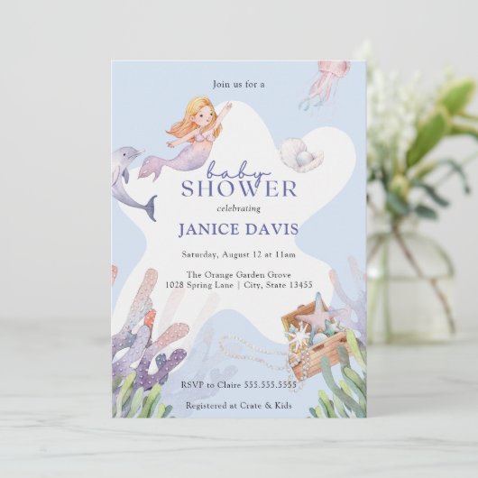 Illustreerde uitnodiging voor Mermaid Baby shower (Staand voorkant)