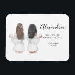 Illustreerde Will jij bent mijn bruidsmaïde magnee Magneet<br><div class="desc">Eenvoudig en klassiek "Bent u mijn bruidsmeisje?" magneet met een bruid en bruidsmeisje. Pas de naam en de rol aan uw voorkeur aan. Bekijk ons collectie voor andere haarstijlen en jurken.</div>