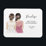 Illustreerde Will jij bent mijn bruidsmaïde magnee Magneet<br><div class="desc">Eenvoudig en klassiek "Bent u mijn bruidsmeisje?" magneet met een bruid en bruidsmeisje. Pas de naam en de rol aan uw voorkeur aan.</div>