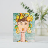 Ilustración de chica con frutas en la cabeza briefkaart (Staand voorkant)