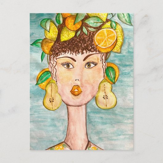 Ilustración de chica con frutas en la cabeza briefkaart (Voorkant)