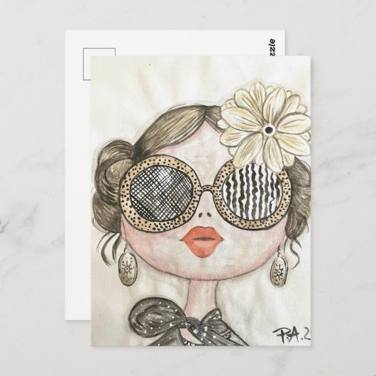 ilustracion de chica fashion con gafas en acuarela briefkaart (Voorkant / Achterkant)