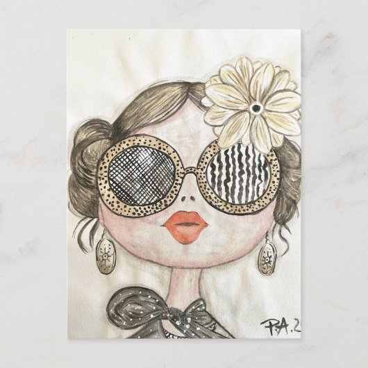 ilustracion de chica fashion con gafas en acuarela briefkaart (Voorkant)