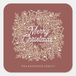 ilustración hojas abeto corona de Navidad rojo Vierkante Sticker