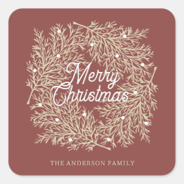ilustración hojas abeto corona de Navidad rojo Vierkante Sticker