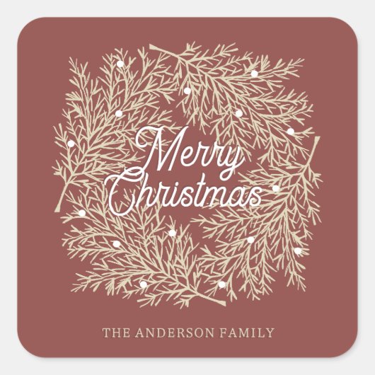 ilustración hojas abeto corona de Navidad rojo Vierkante Sticker (Voorkant)