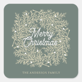 ilustración hojas abeto corona de Navidad verde Vierkante Sticker