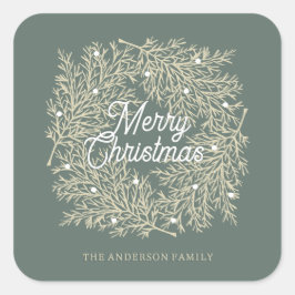 ilustración hojas abeto corona de Navidad verde Vierkante Sticker