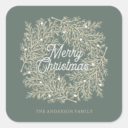 ilustración hojas abeto corona de Navidad verde Vierkante Sticker (Voorkant)