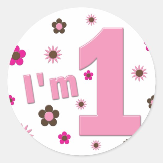 "I'm 1" roze en bruin bloemen verjaardag Ronde Sticker (Voorkant)