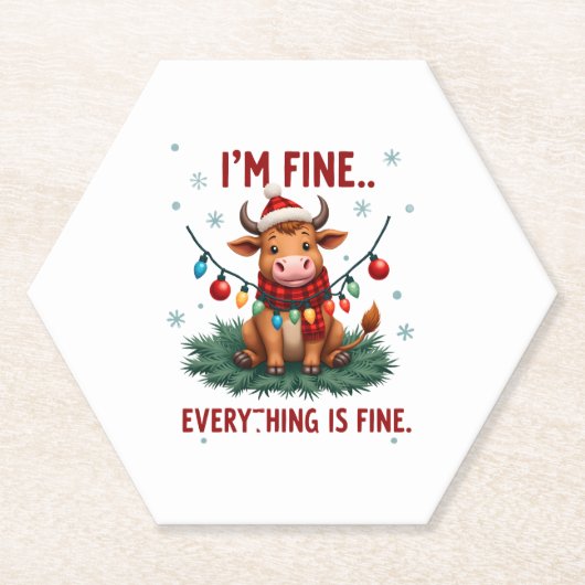 I'm Fine Everything is Fine Christmas Highland Cow Kartonnen Onderzetters (Voorkant)