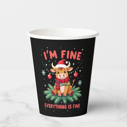 I'm Fine Everything is Fine Christmas Highland Cow Papieren Bekers (Voorkant)